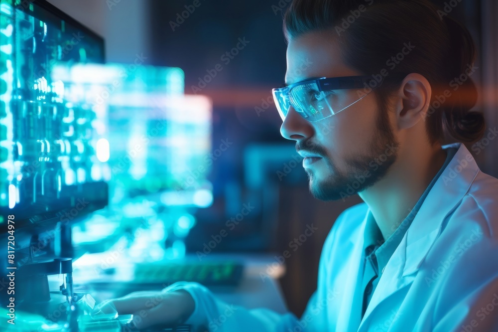 Scientist in glasses looking at screen
