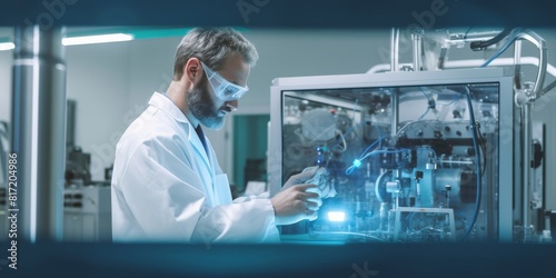 scientist fix machine with shafts widescreen picture, caucasian scientist in blue lab suit trying to fix manufacture machine with shafts in clean factory photo