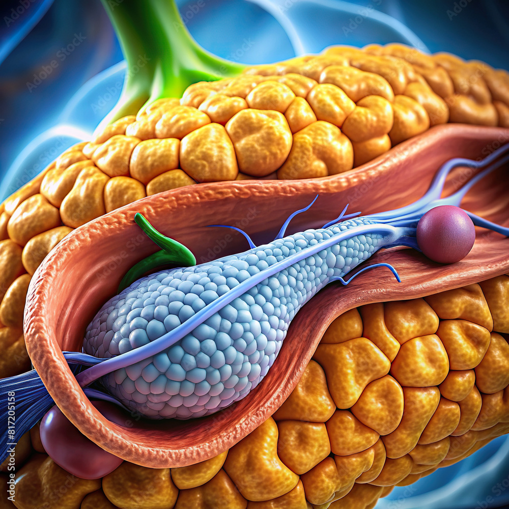 Extreme closeup of the pancreas, focusing on its glandular tissue