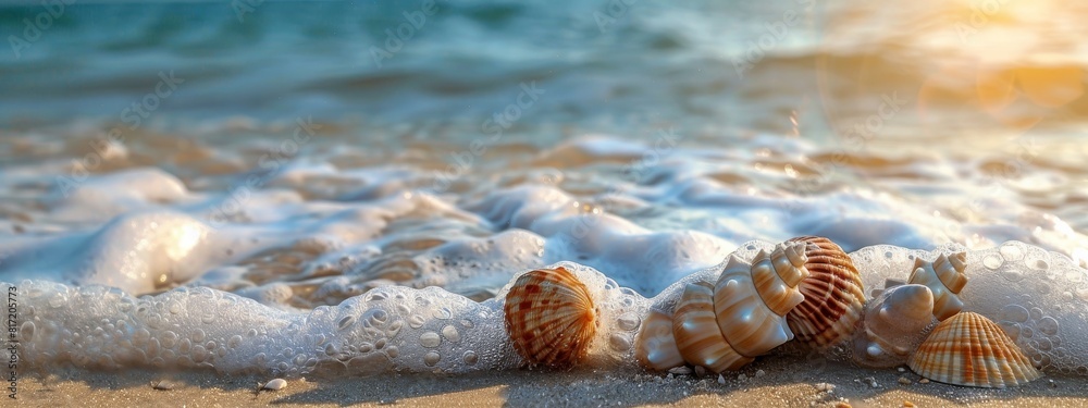 A calming, beach background with gentle waves and seashells. A calming, beach background with gentle waves and seashells.