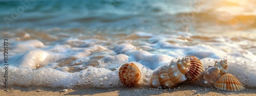 A calming, beach background with gentle waves and seashells.
