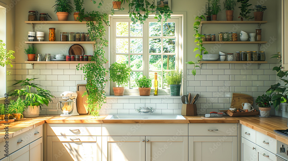 3D rendering of a modern kitchen interior design with lots of plants