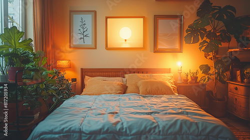 Interior of a hotel bedroom with lighted up lamp and plants