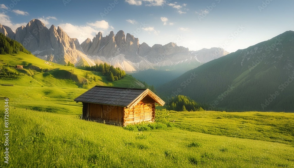 Alpine Serenity: Discovering Tranquility in a Mountain Hut amidst Majestic Peaks. Generative AI. Alpine Serenity: Discovering Tranquility in a Mountain Hut amidst Majestic Peaks. Generative AI.
