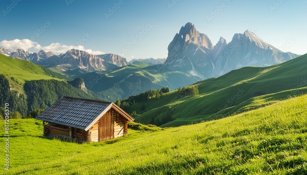 Alpine Serenity: Discovering Tranquility in a Mountain Hut amidst Majestic Peaks. Generative AI.