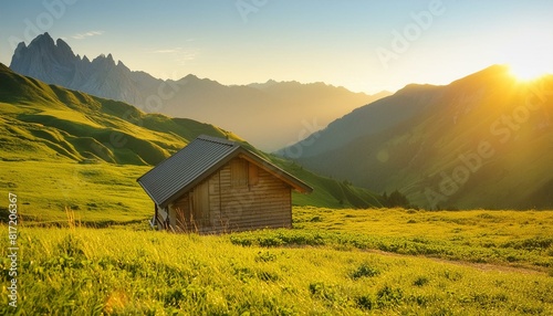 Alpine Serenity: Discovering Tranquility in a Mountain Hut amidst Majestic Peaks. Generative AI.