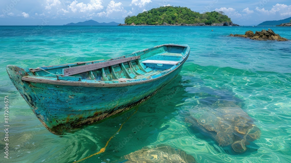 Naklejka premium Serene Ocean Scene with Old Blue Boat