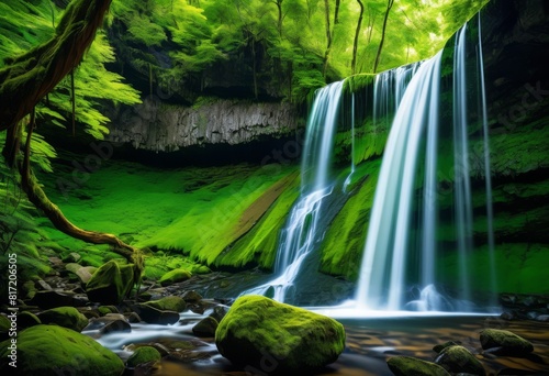 serene waterfall cascading vibrant green forest setting  tranquil  lush  nature  peaceful  flow  trees  foliage  environment  landscape  stream  river