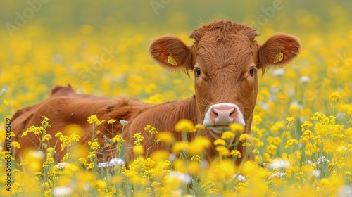 Captivating Brown Cow Amidst Yellow Blooms