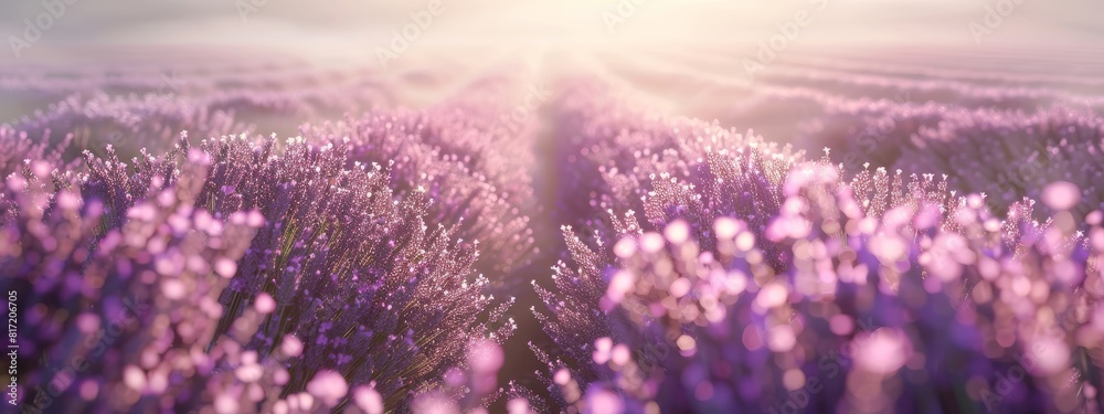 Naklejka premium A calming, lavender field background with rows of blooming lavender and soft sunlight.