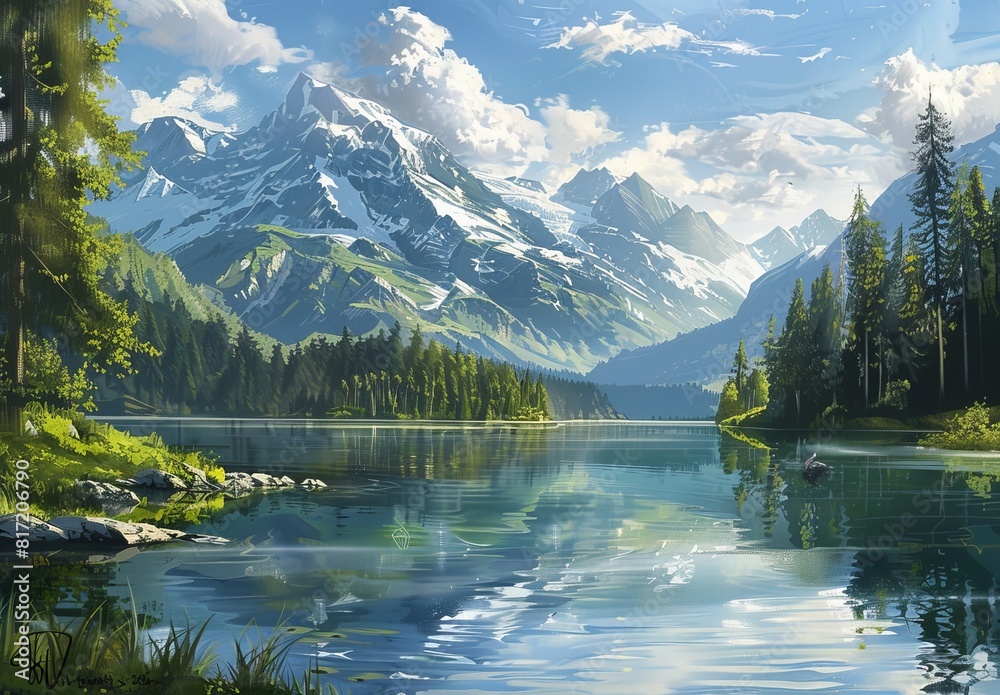Craft tranquil mountain scenes with majestic peaks, verdant forests, and serene lakes, depicting various ranges like the Swiss Alps, Rockies, or Himalayas.