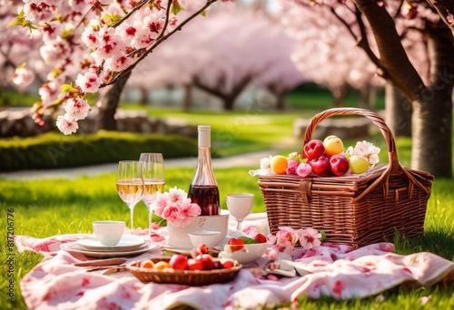 romantic picnic blossoming cherry blossom garden outdoor dining accessories, couple, floral, arrangements, spring, love, date, nature, beautiful, scenery