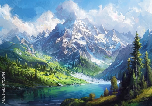 Craft tranquil mountain scenes with majestic peaks  verdant forests  and serene lakes  depicting various ranges like the Swiss Alps  Rockies  or Himalayas.