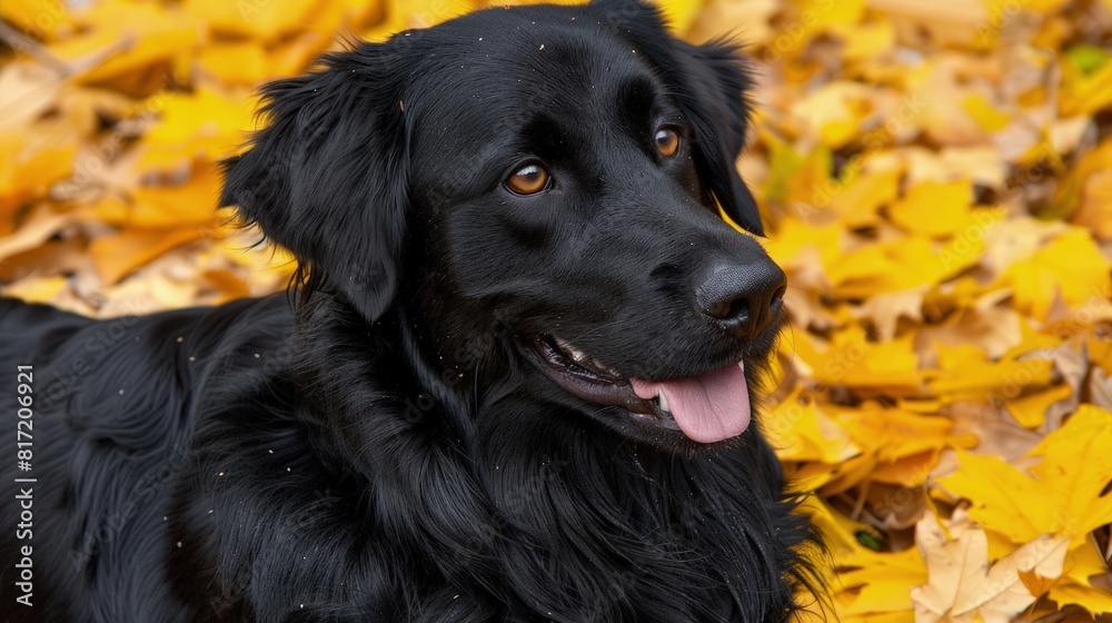 Autumnal Charm: Black Labrador Retriever Surrounded by Golden Leaves