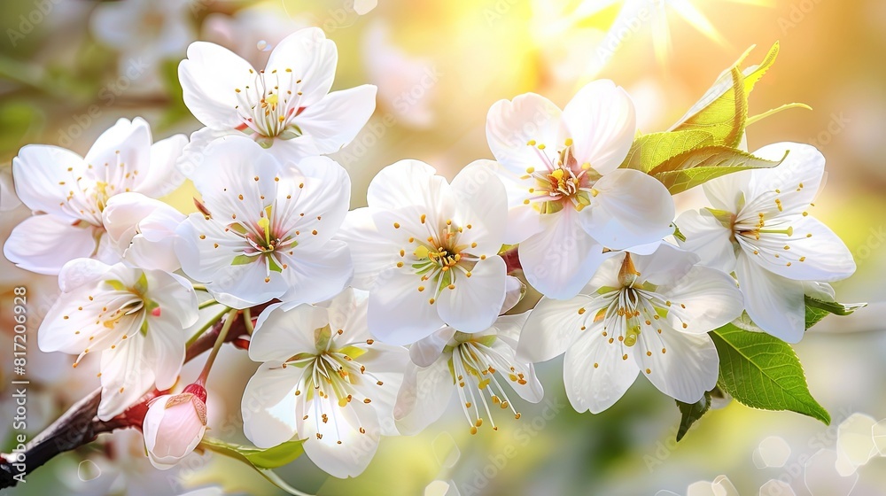Beautiful Spring Scene with White Flowers and Green Leaves Beautiful Spring Scene with White Flowers and Green Leaves