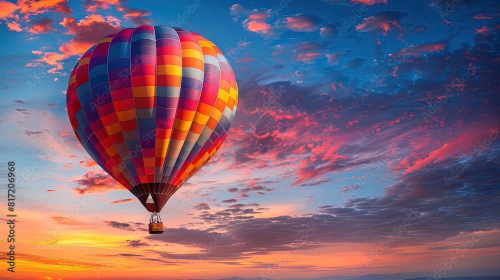 Fototapeta premium Vibrant Hot Air Balloon Ascends into Sunset Sky