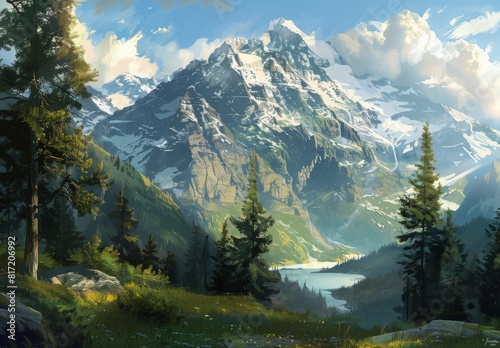 Craft tranquil mountain scenes with majestic peaks, verdant forests, and serene lakes, depicting various ranges like the Swiss Alps, Rockies, or Himalayas.