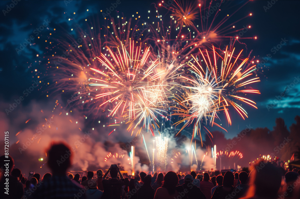 Obraz premium Large crowd watching an impressive firework display at a summer fair, with a blurred background.. AI generated.
