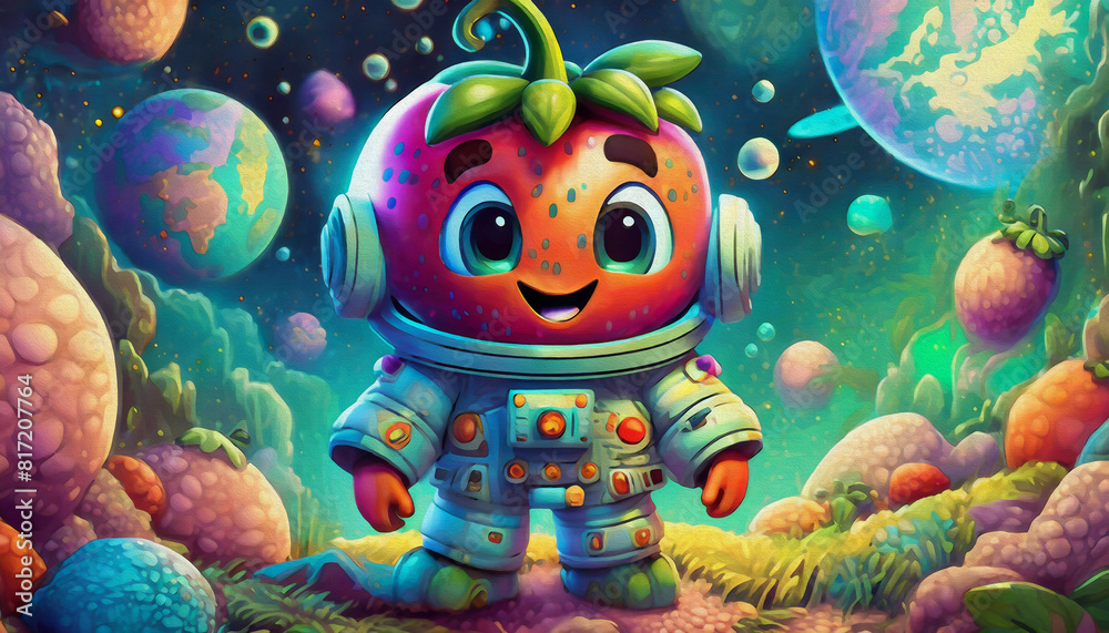 oil painting style Cartoon character tomato figure Cosmonaut in space suit in outer space