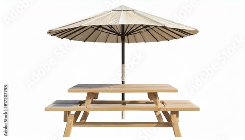 Wooden picnic table with benches and sun shade umbrella  one piece wood furniture for outdoor dining isolated on white background 3d rendering 