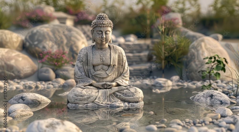 buddha statue surrounded by water and small rocks