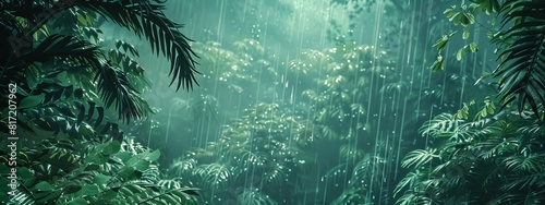 A calming, rain forest background with dense foliage and gentle rain.