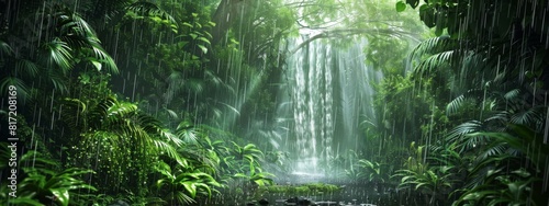 A calming, rain forest background with dense greenery and gentle rain.