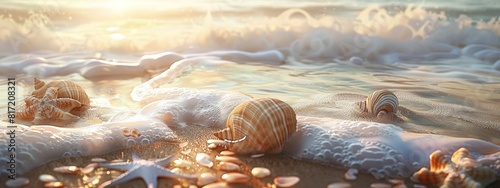 A calming, seashore background with gentle waves and seashells.
