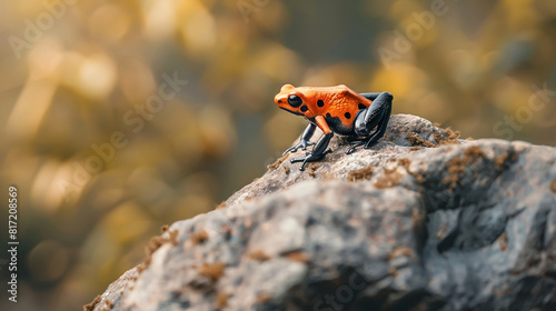 A frog with orange and black colors sits on the rock.
