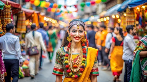 A Young Woman in Colorful Clothes Enjoys a Cultural Fair