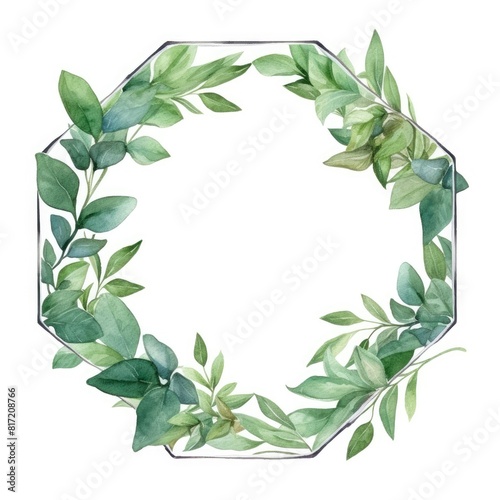 Geometric watercolor hexagonal frame with green foliage. Gold geometric shape picture frame decorated with green leaves. Eco-friendly concept for stationery and branding design with copy space. AIG35.