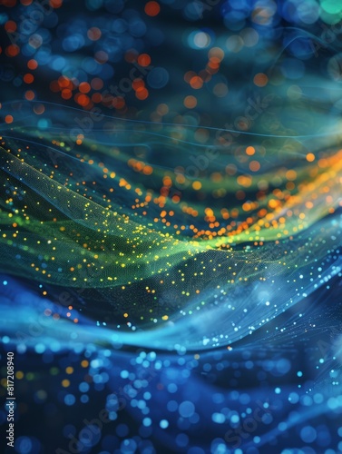 Abstract image of data flow within network, represented by blue background and green, orange and blue dots. © Johannes
