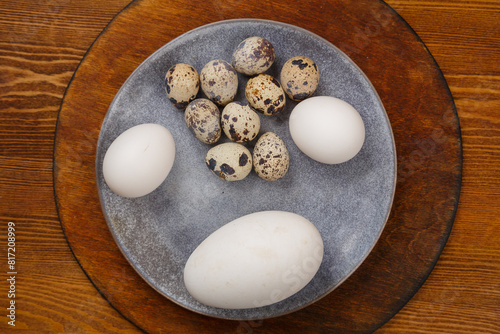 Chicken goose and quail eggs on a gray plate on a wooden stand comparison