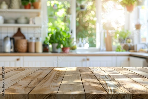 beautiful brown wood table top kitchen interior background and blurred defocused with daylight flare bokeh  product montage display - Generative Ai