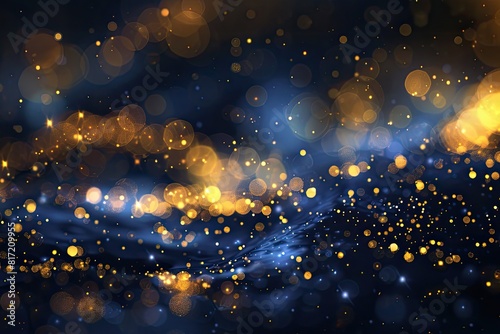 A blurry image of a blue and gold background with many small dots. The dots are scattered throughout the image, creating a sense of movement and energy. The colors of blue photo