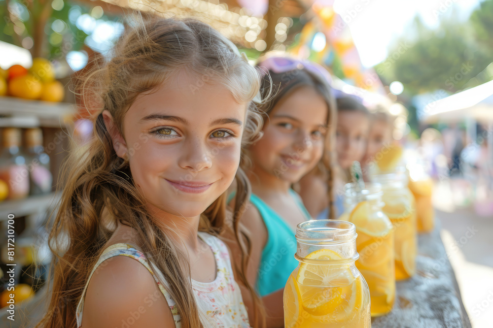 Happy kids serving lemonade at a quaint roadside stand under bright sunshine.. AI generated.