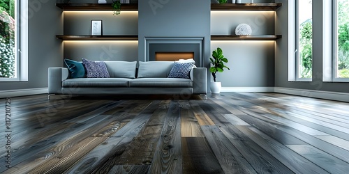 Graybrown living room with sofa fireplace shelves on dark hardwood floors. Concept Living Room Decor, Monochromatic Design, Cozy Fireplace, Hardwood Flooring photo