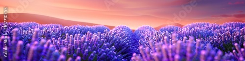 Vibrant Lavender Meadow Bathed in Ethereal Sunset Glow Serene Mountain Landscape with Blooming Flora