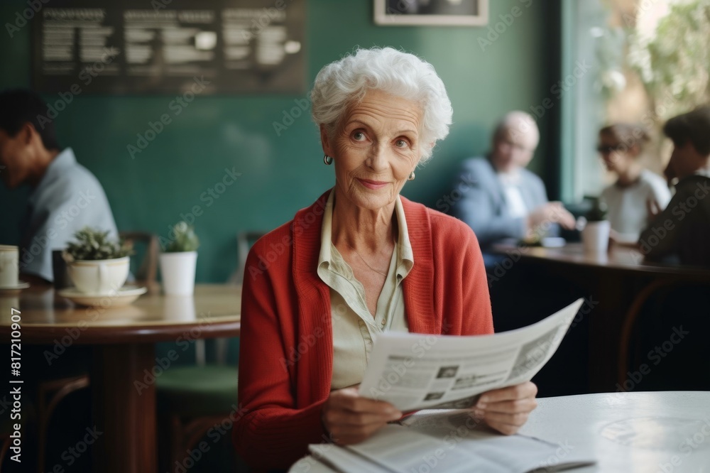 senior woman with newspaper having coffee indoors in café and looking away senior woman with newspaper having coffee indoors in café and looking away