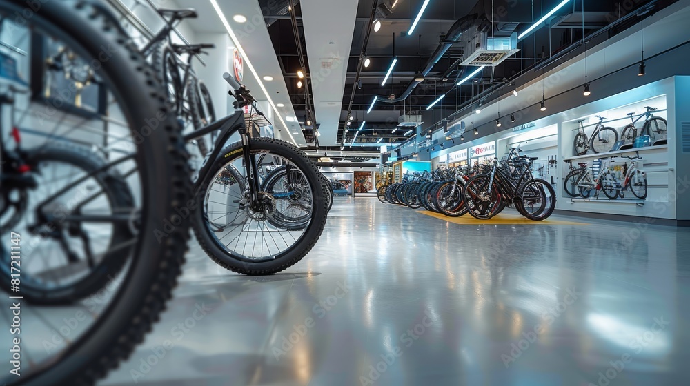 Fototapeta premium Bicycle sales showroom, at the center of the showroom lies a spacious and bright display area, showcasing an array of bicycle types, from mountain bikes to road bikes. Generative AI.