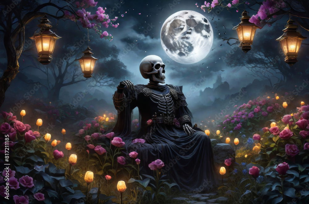 A gloomy night with a big moon, a skull and flowers. A gloomy night with a big moon, a skull and flowers.