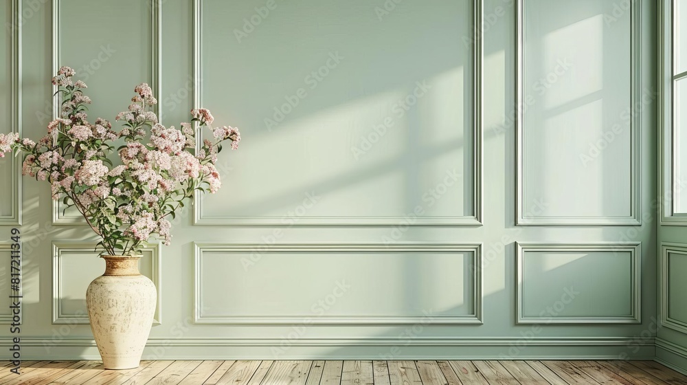 Frontal view of a pastel green wall in a vintage setting, blending old and new decor styles