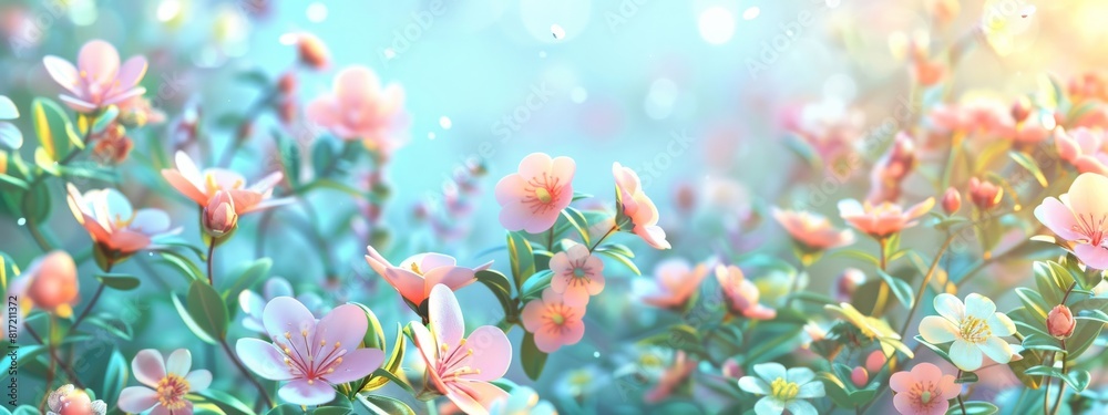 A cheerful, spring-themed background with blooming flowers and pastel colors.