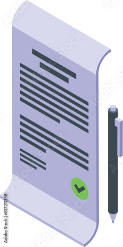 Isometric vector illustration of a signed document and a pen, symbolizing agreement and completion