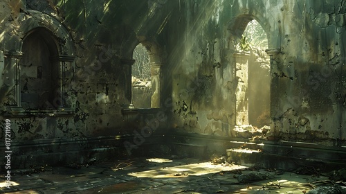 Shadows dance upon the walls of an ancient ruin  their shifting forms a silent testament to the passage of time.