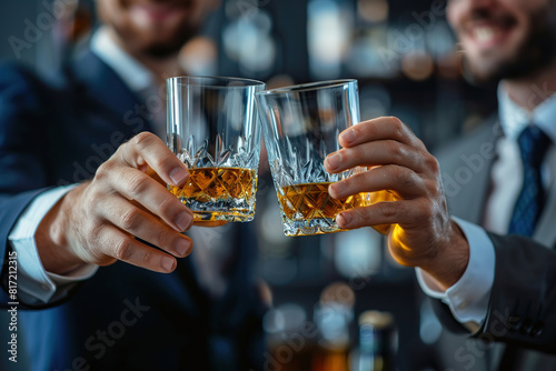 Businessmen clinking glasses of whiskey