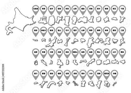 黒線縁取り日本地図の都道府県アイコンイラスト