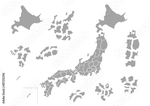灰色ドット柄の日本地図イラスト(バラバラにした都道府県) photo