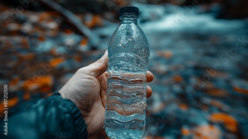 Hand holding a water bottle by a stream photo