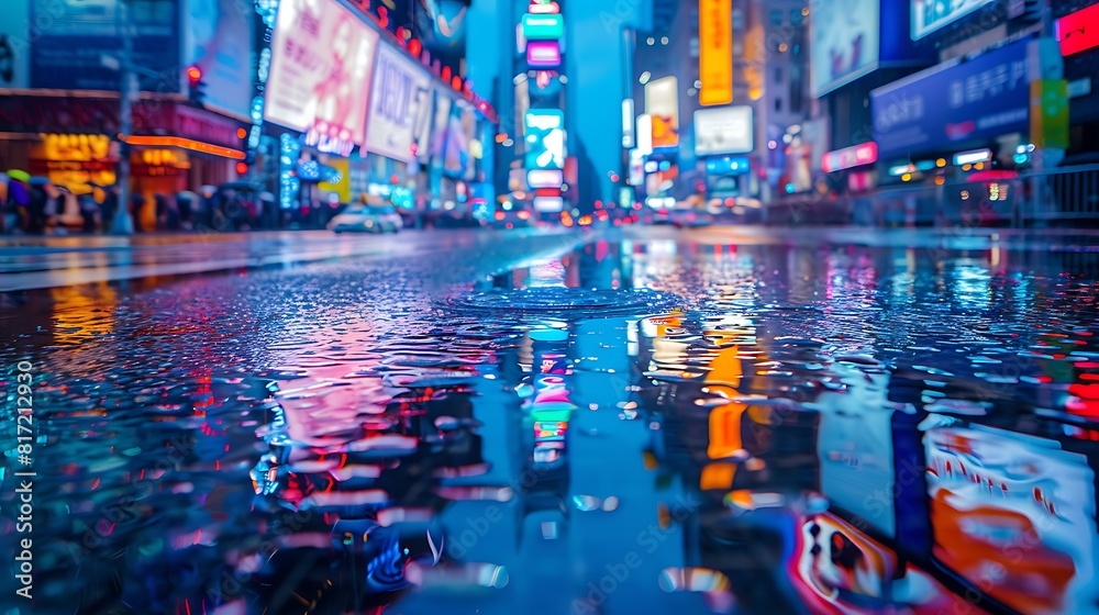 Reflections of a neon cityscape shimmer upon the surface of a rain-soaked street, casting the world in a surreal, urban glow.